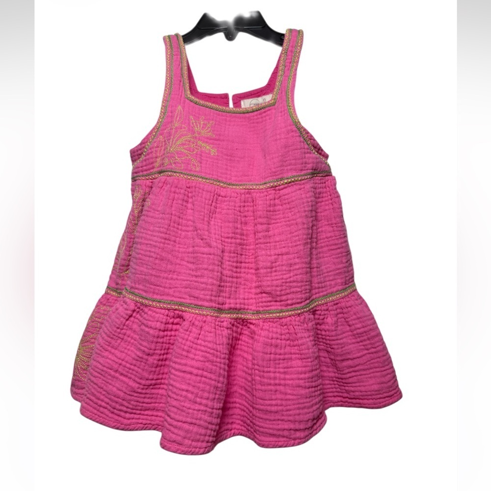 Peek Girls Floral Embroidered Pink Gauze Dress with Green Stitching-Size 2T NWT